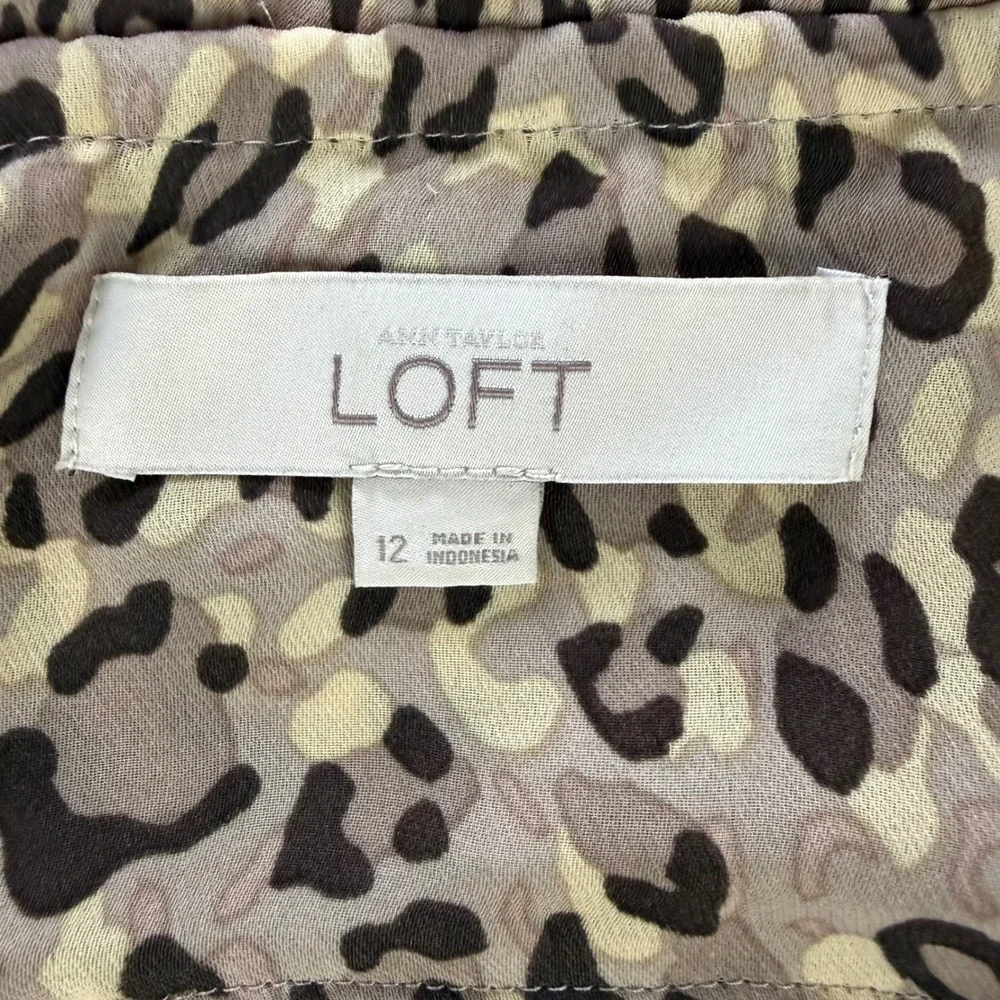 LOFT Leopard Print Ruffle Neck Tie Waist Long Sleeve Mini Dress Brown Tan 12